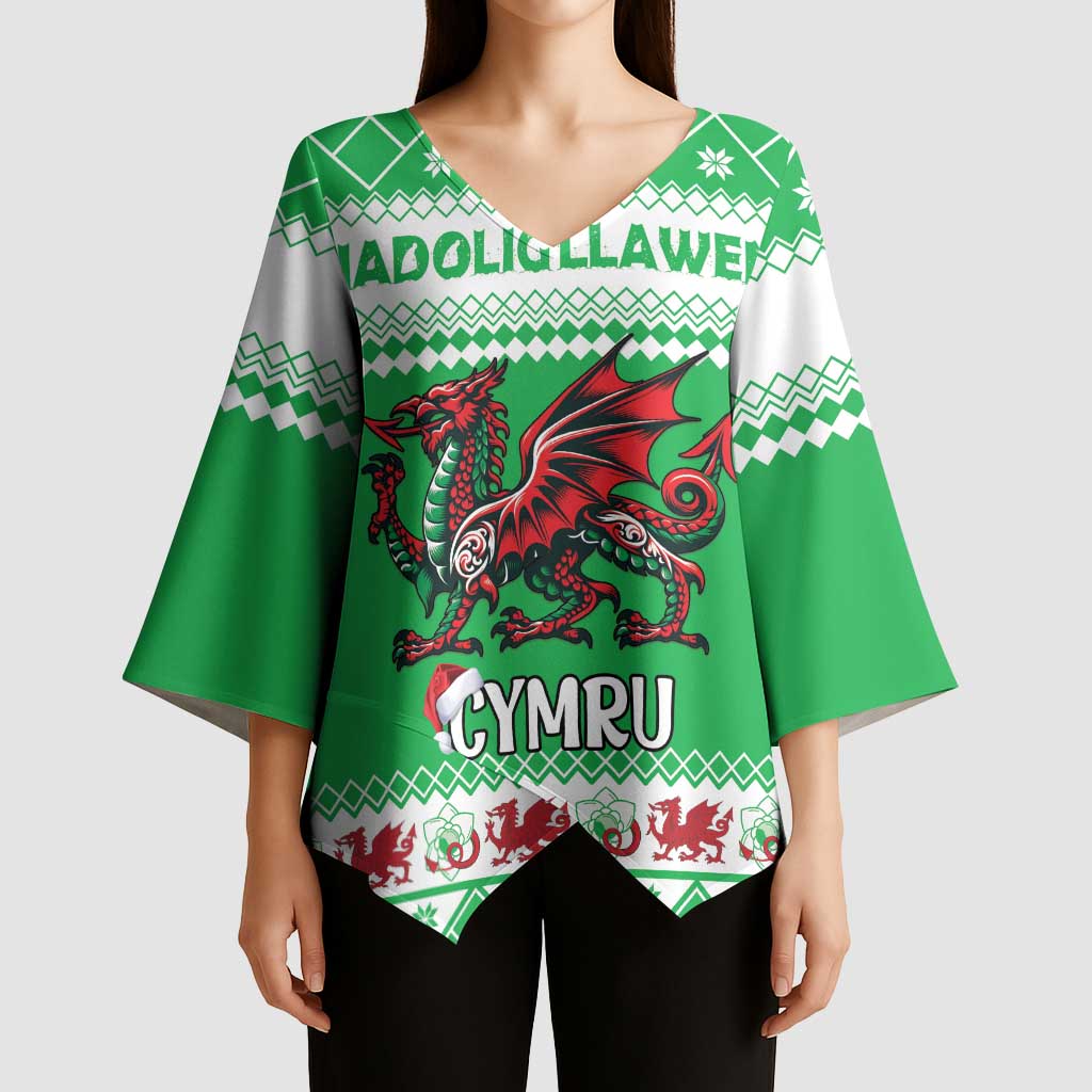 Personalized Wales Christmas Dragon Kimono Sleeve Blouse Nadolig Llawen Green Version - Wonder Print Shop