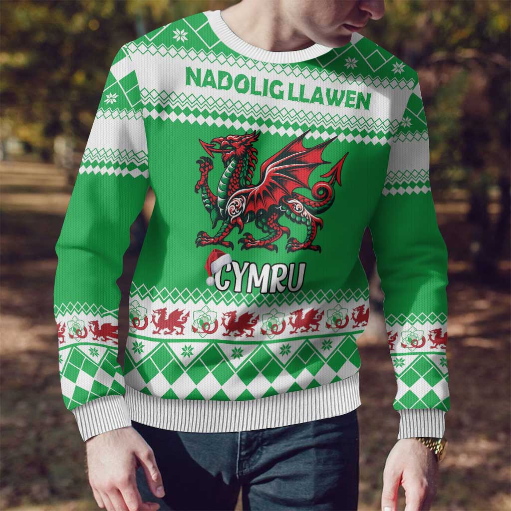 Personalized Wales Christmas Dragon Ugly Christmas Sweater Nadolig Llawen Green Version - Wonder Print Shop