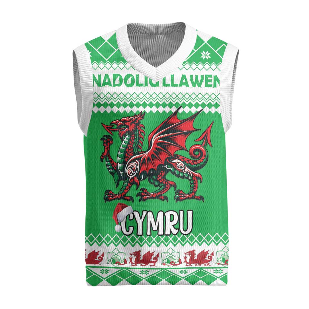Personalized Wales Christmas Dragon Christmas Knitted V-Neck Vest Nadolig Llawen Green Version - Wonder Print Shop