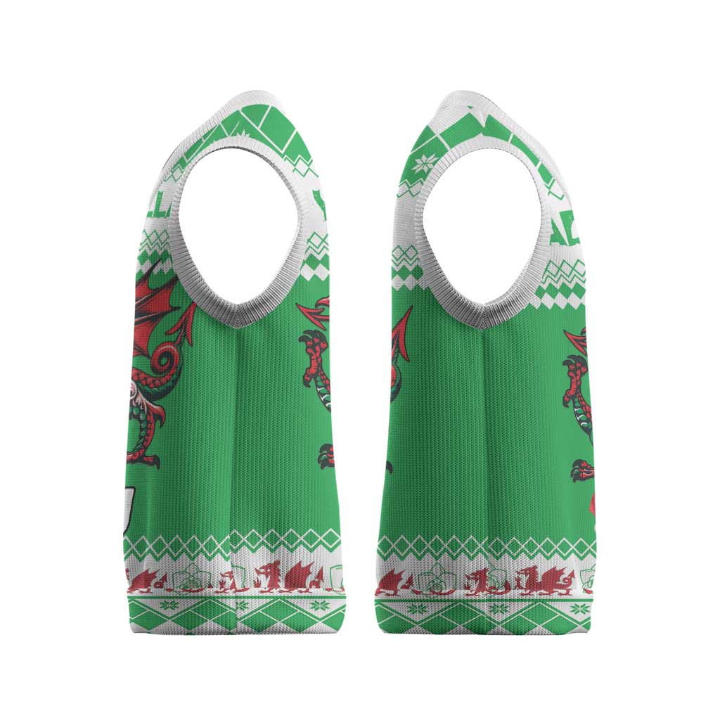 Personalized Wales Christmas Dragon Christmas Knitted V-Neck Vest Nadolig Llawen Green Version - Wonder Print Shop