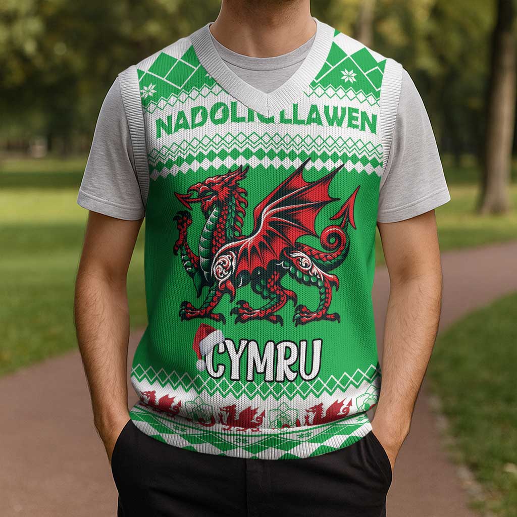Personalized Wales Christmas Dragon Christmas Knitted V-Neck Vest Nadolig Llawen Green Version - Wonder Print Shop