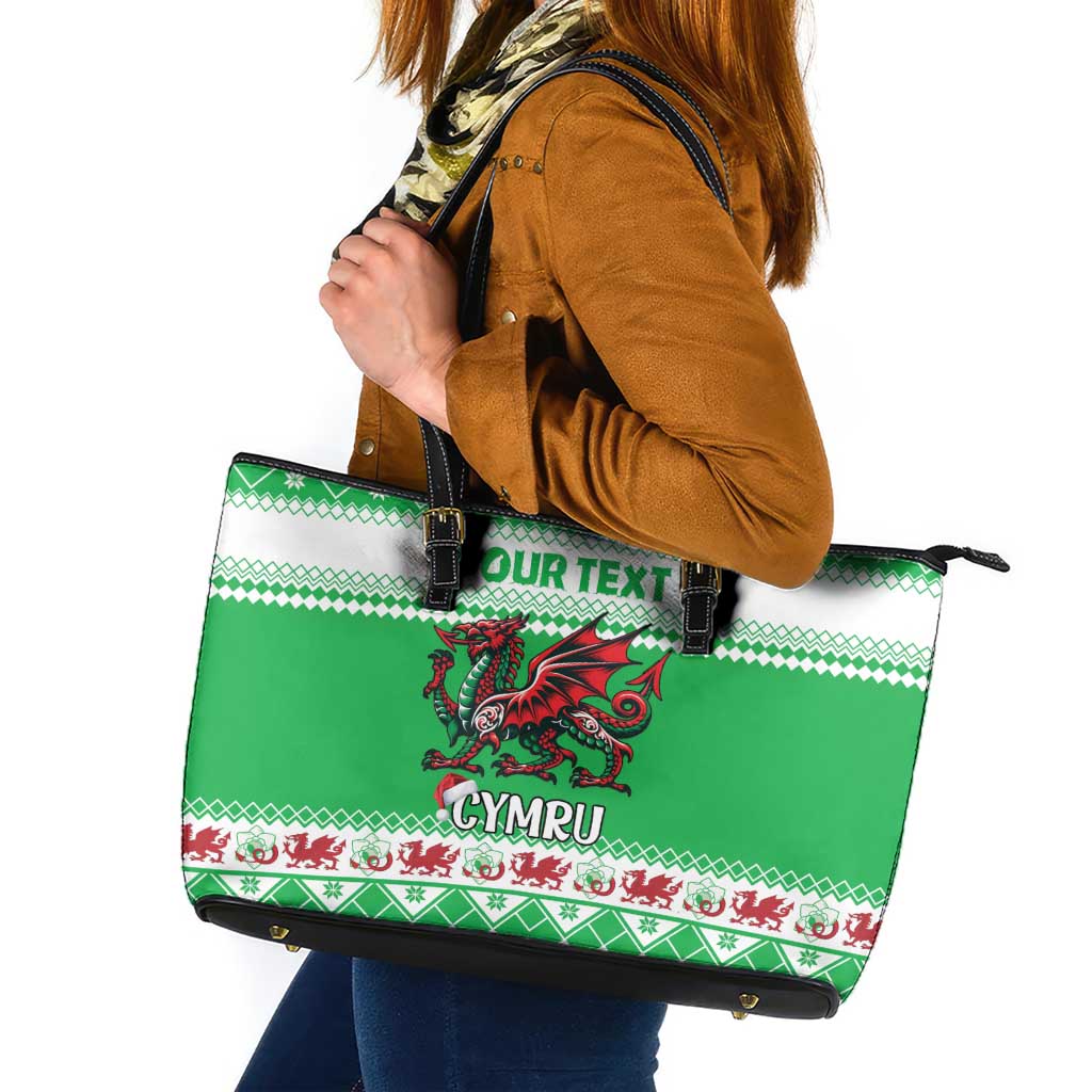 Personalized Wales Christmas Dragon Leather Tote Bag Nadolig Llawen Green Version - Wonder Print Shop