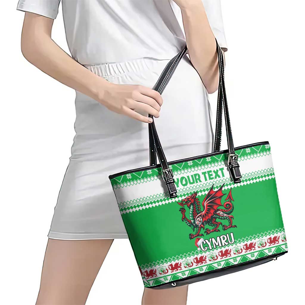 Personalized Wales Christmas Dragon Leather Tote Bag Nadolig Llawen Green Version - Wonder Print Shop