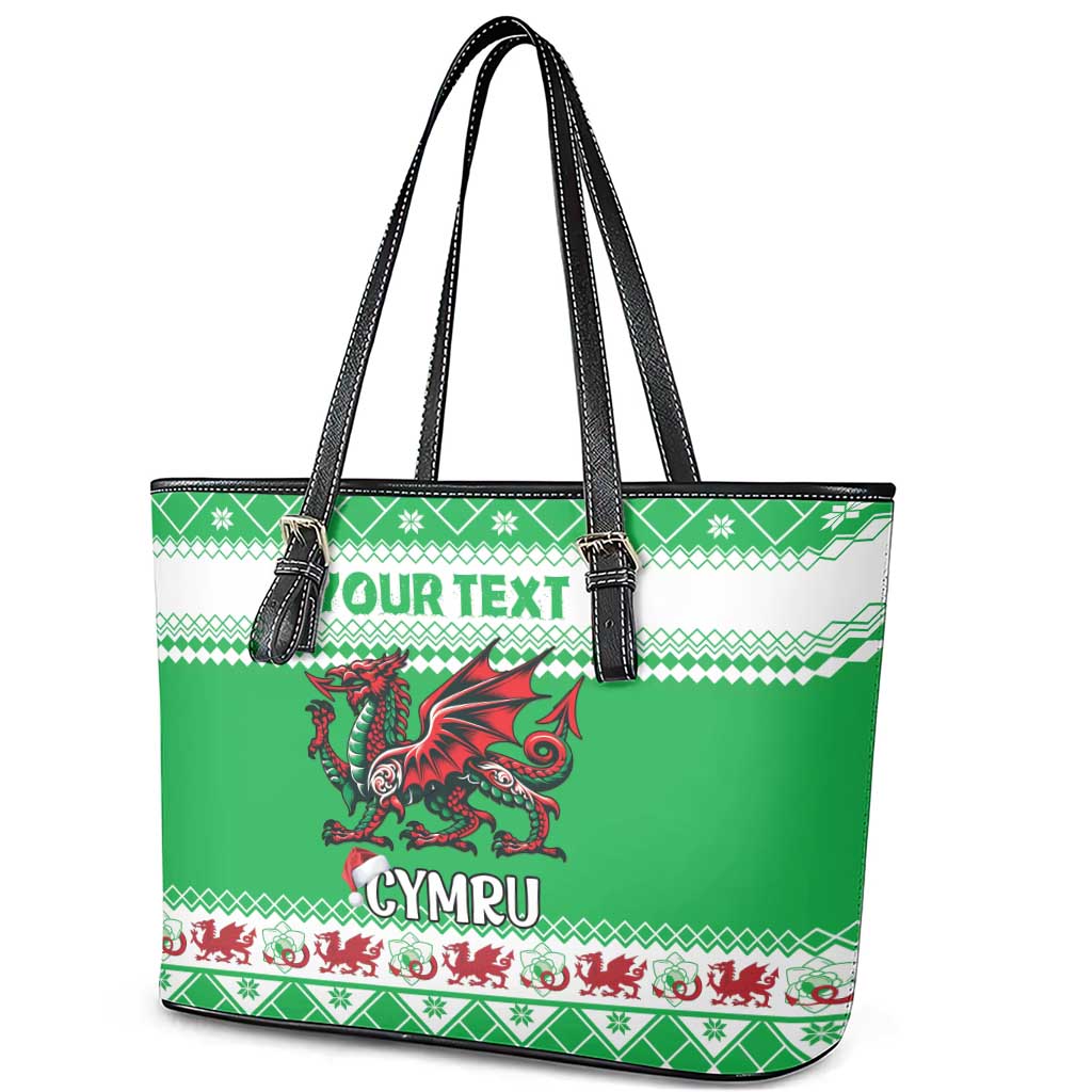 Personalized Wales Christmas Dragon Leather Tote Bag Nadolig Llawen Green Version - Wonder Print Shop