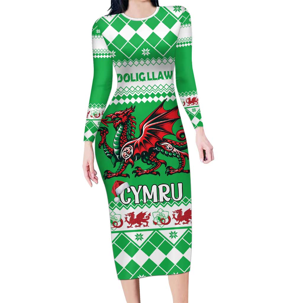 Personalized Wales Christmas Dragon Long Sleeve Bodycon Dress Nadolig Llawen Green Version - Wonder Print Shop