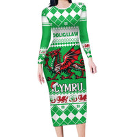 Personalized Wales Christmas Dragon Long Sleeve Bodycon Dress Nadolig Llawen Green Version - Wonder Print Shop