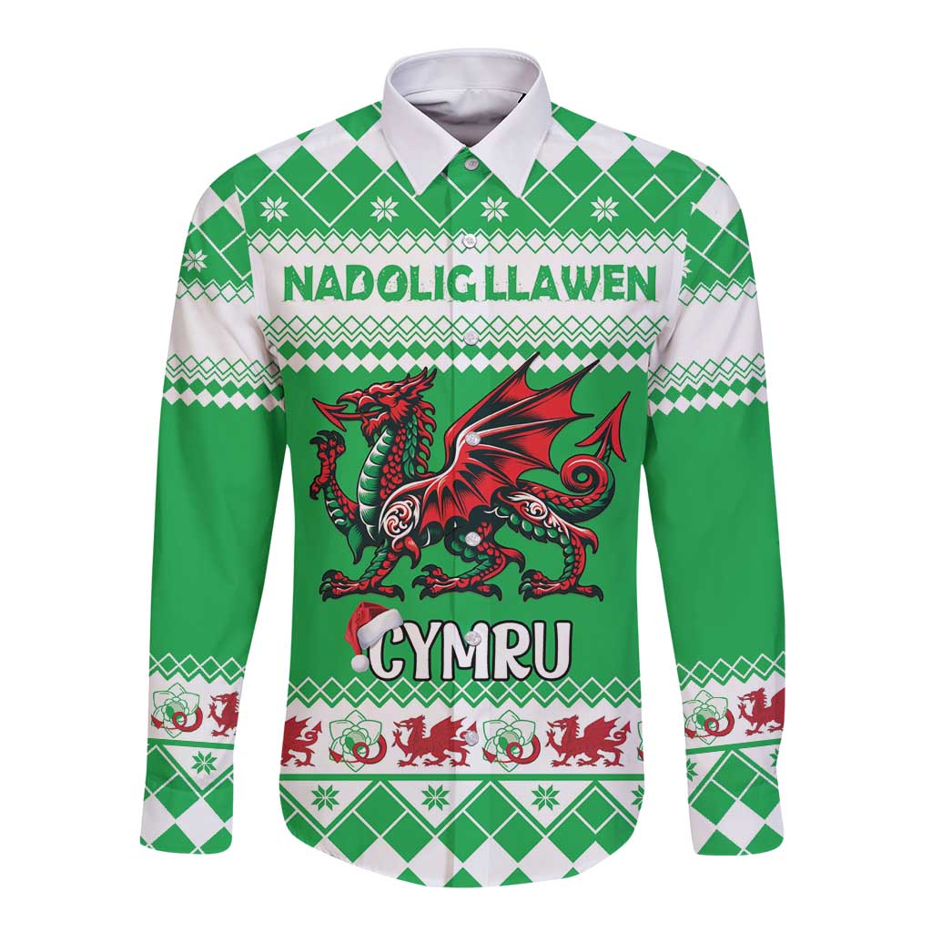 Personalized Wales Christmas Dragon Long Sleeve Button Shirt Nadolig Llawen Green Version - Wonder Print Shop