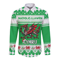 Personalized Wales Christmas Dragon Long Sleeve Button Shirt Nadolig Llawen Green Version - Wonder Print Shop