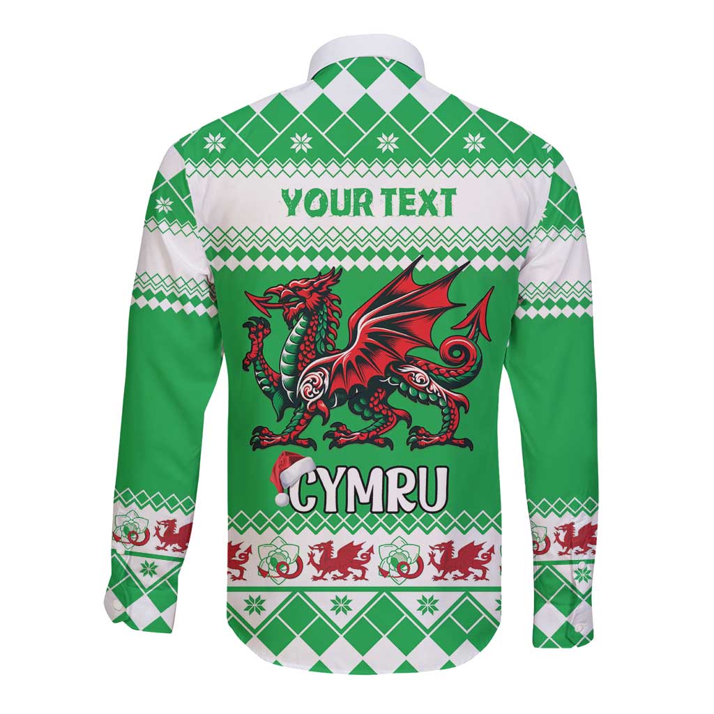 Personalized Wales Christmas Dragon Long Sleeve Button Shirt Nadolig Llawen Green Version - Wonder Print Shop
