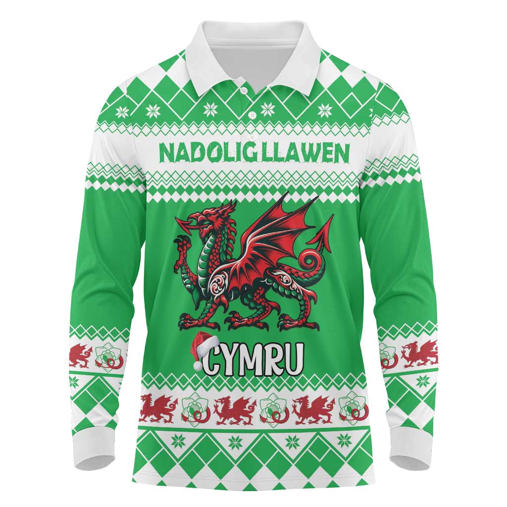Personalized Wales Christmas Dragon Long Sleeve Polo Shirt Nadolig Llawen Green Version - Wonder Print Shop