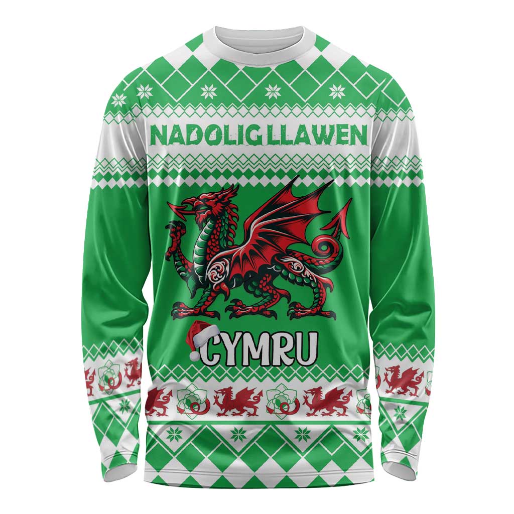 Personalized Wales Christmas Dragon Long Sleeve Shirt Nadolig Llawen Green Version - Wonder Print Shop