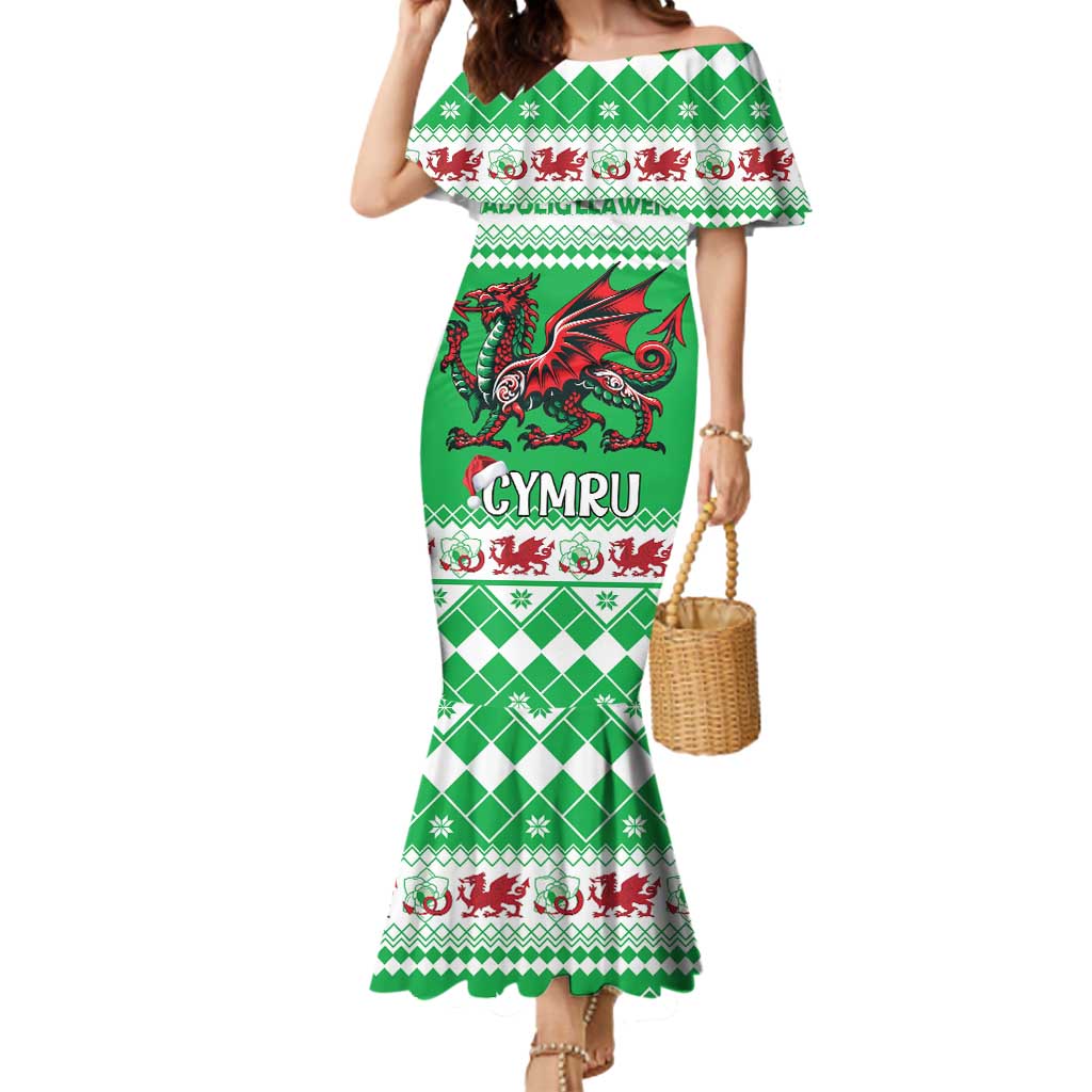 Personalized Wales Christmas Dragon Mermaid Dress Nadolig Llawen Green Version - Wonder Print Shop