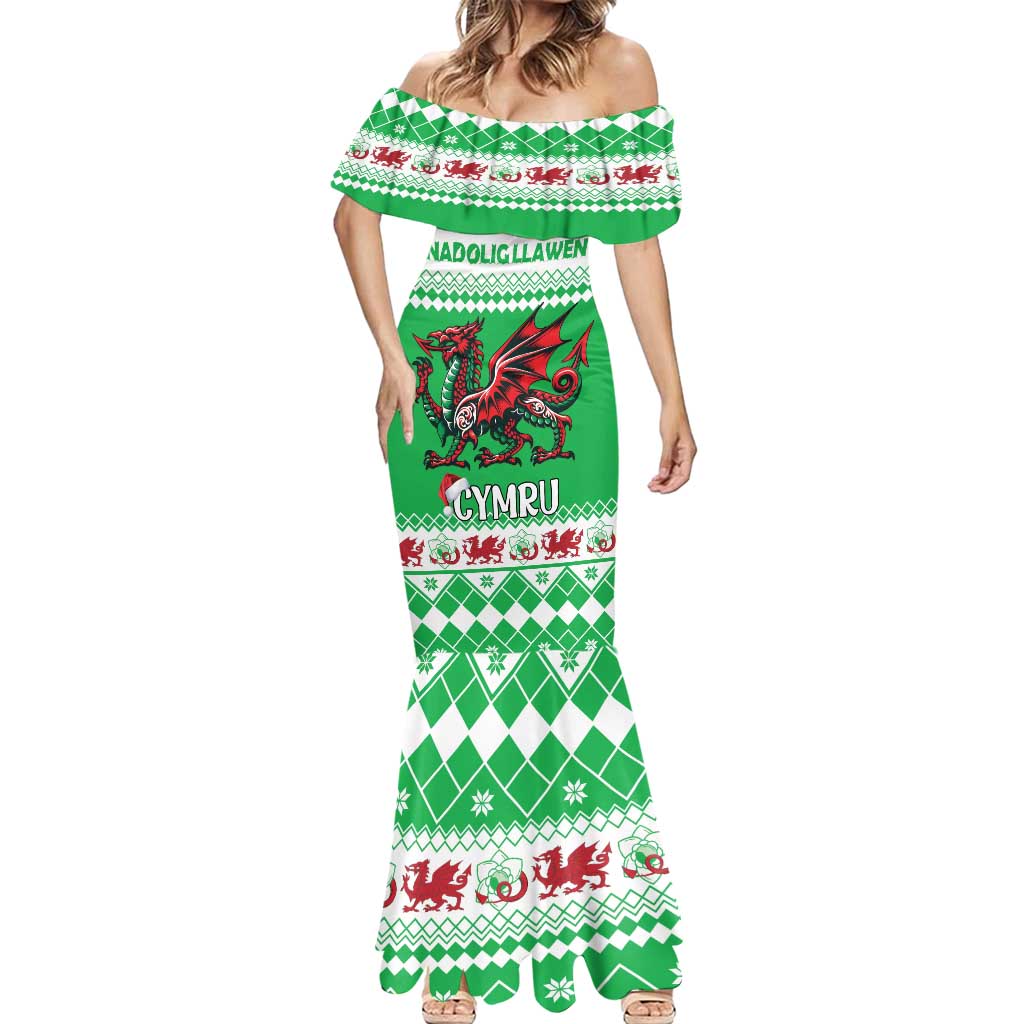 Personalized Wales Christmas Dragon Mermaid Dress Nadolig Llawen Green Version - Wonder Print Shop