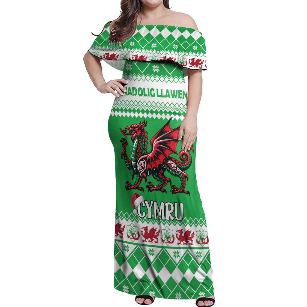 Personalized Wales Christmas Dragon Off Shoulder Maxi Dress Nadolig Llawen Green Version - Wonder Print Shop