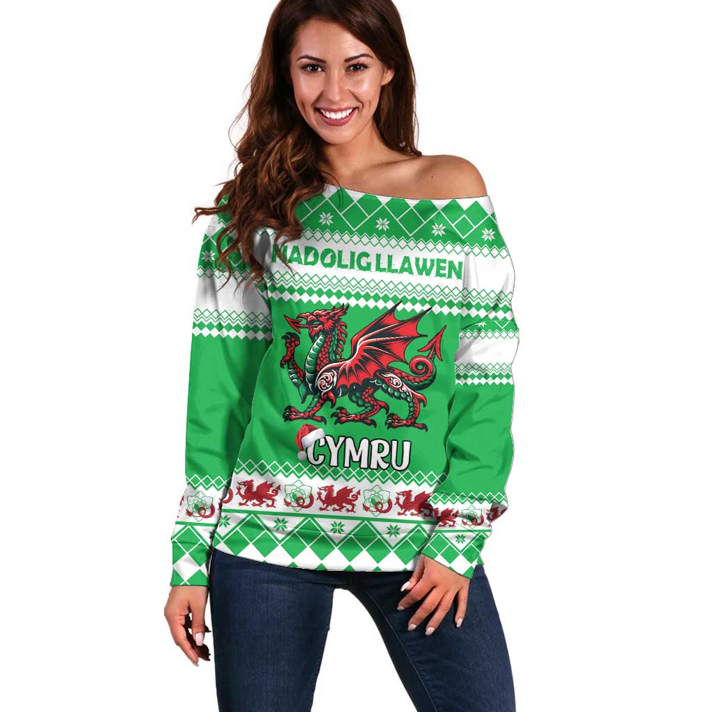 Personalized Wales Christmas Dragon Off Shoulder Sweater Nadolig Llawen Green Version - Wonder Print Shop