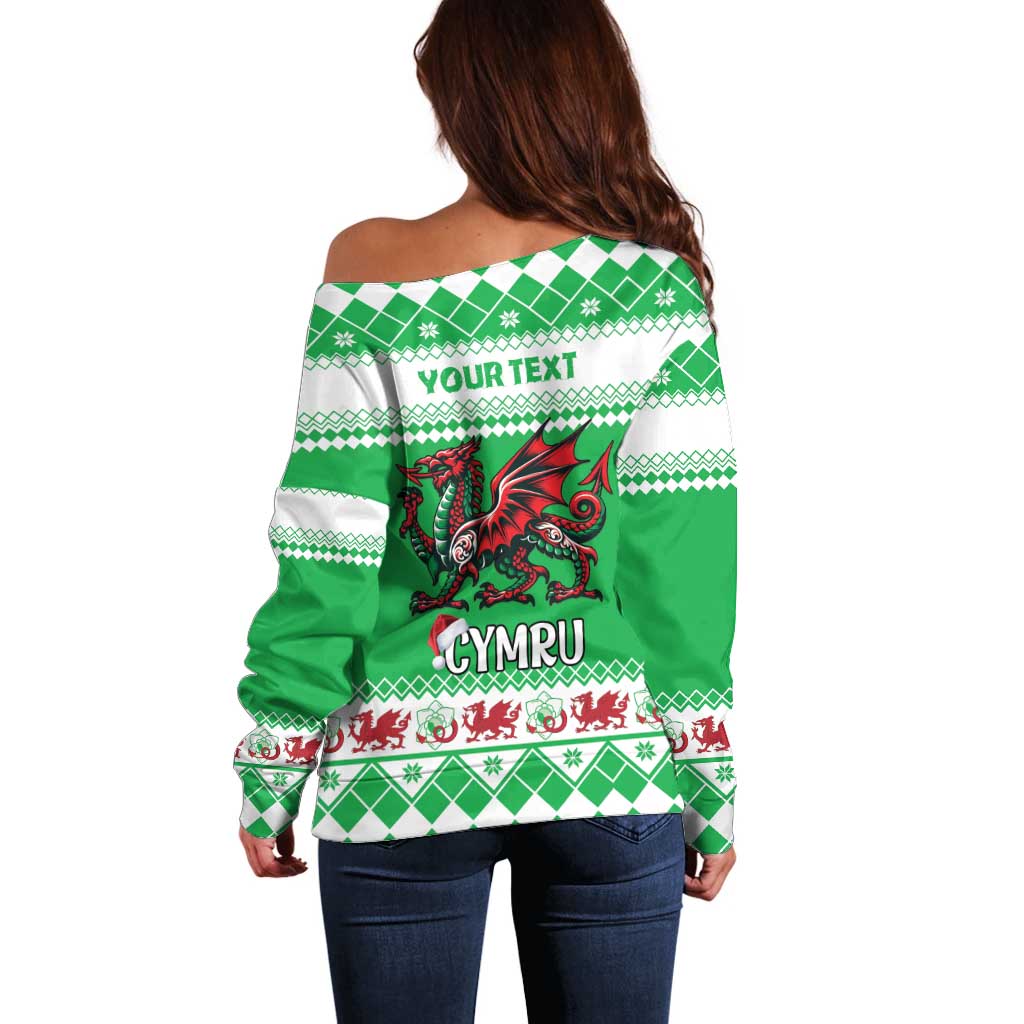 Personalized Wales Christmas Dragon Off Shoulder Sweater Nadolig Llawen Green Version - Wonder Print Shop