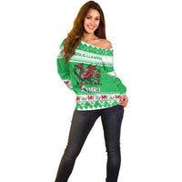 Personalized Wales Christmas Dragon Off Shoulder Sweater Nadolig Llawen Green Version - Wonder Print Shop