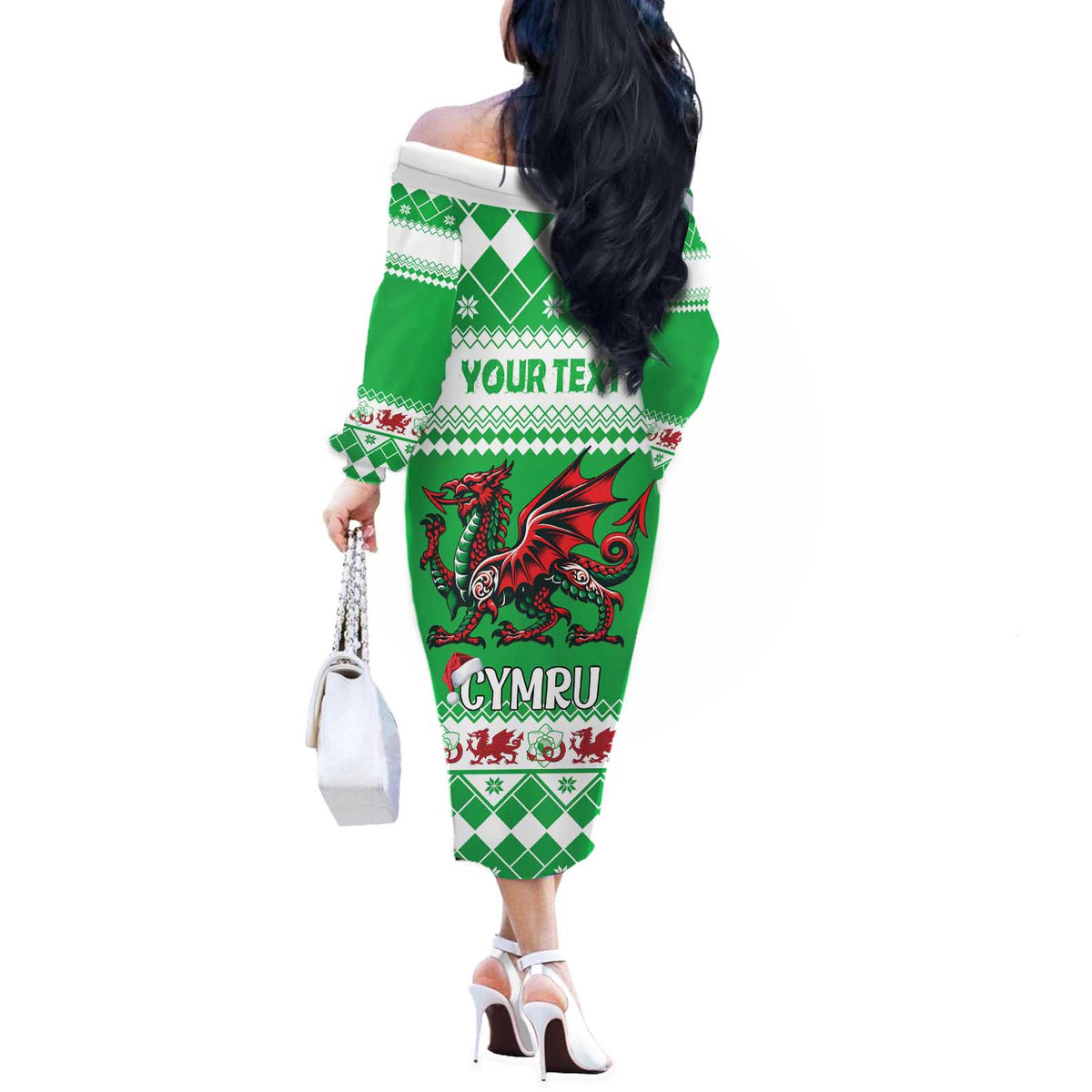 Personalized Wales Christmas Dragon Off The Shoulder Long Sleeve Dress Nadolig Llawen Green Version - Wonder Print Shop