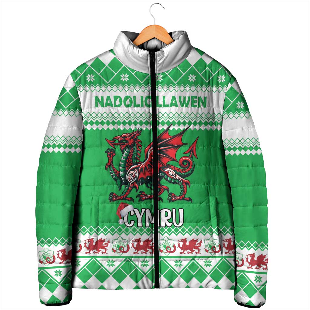 Personalized Wales Christmas Dragon Padded Jacket Nadolig Llawen Green Version - Wonder Print Shop