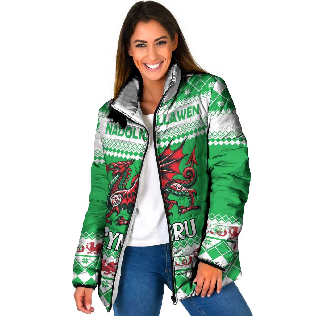 Personalized Wales Christmas Dragon Padded Jacket Nadolig Llawen Green Version - Wonder Print Shop