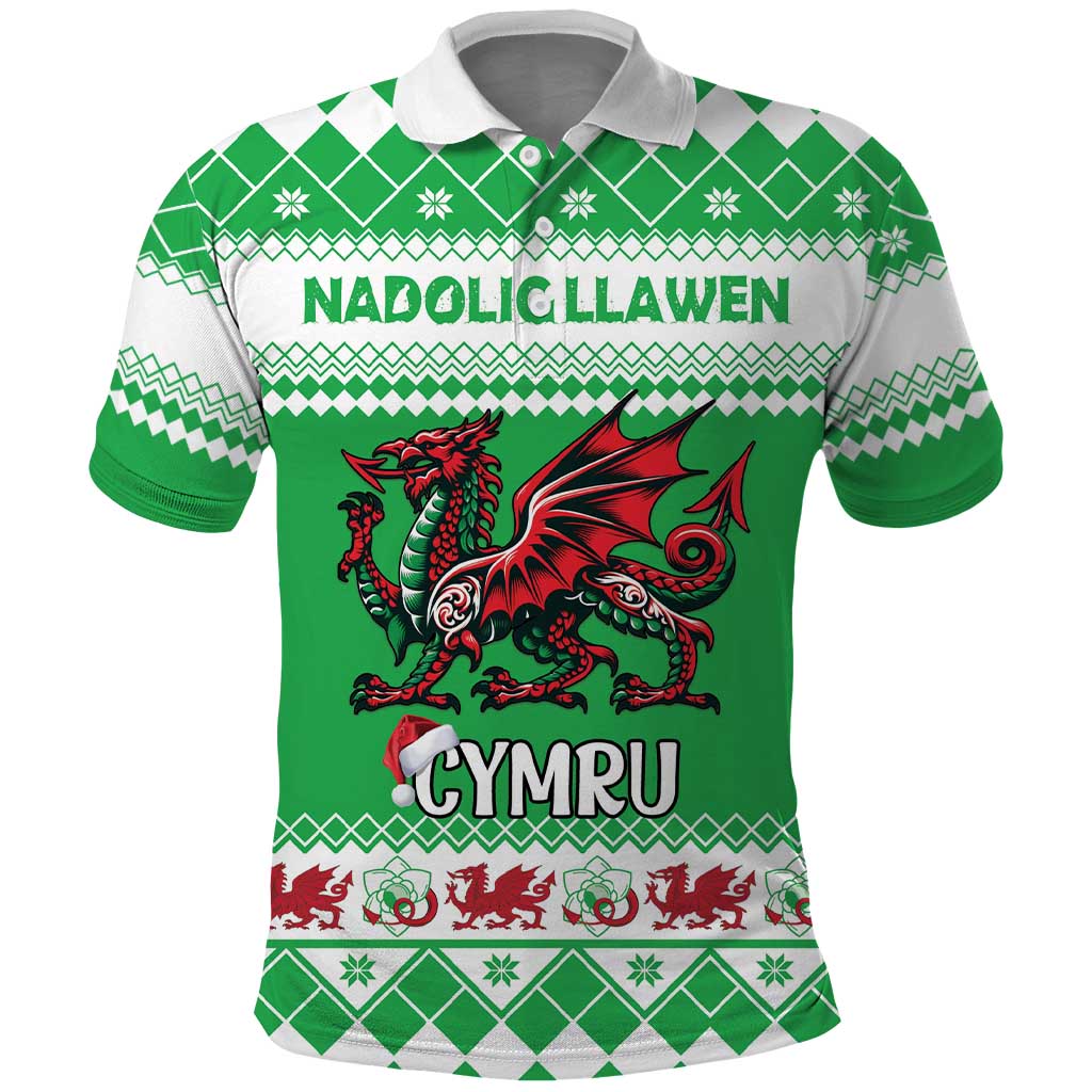 Personalized Wales Christmas Dragon Polo Shirt Nadolig Llawen Green Version - Wonder Print Shop