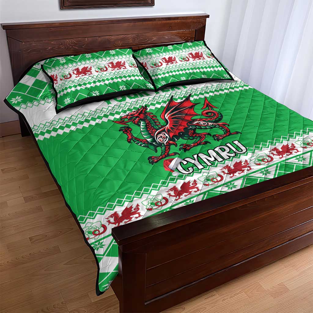 Personalized Wales Christmas Dragon Quilt Bed Set Nadolig Llawen Green Version - Wonder Print Shop