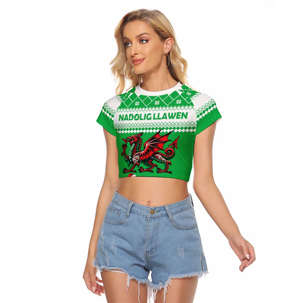 Personalized Wales Christmas Dragon Raglan Cropped T Shirt Nadolig Llawen Green Version - Wonder Print Shop