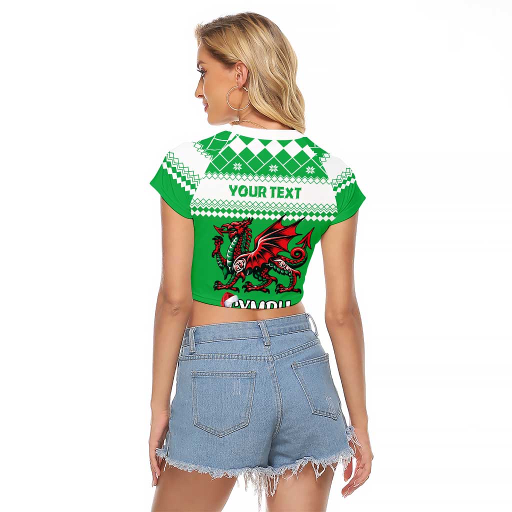 Personalized Wales Christmas Dragon Raglan Cropped T Shirt Nadolig Llawen Green Version - Wonder Print Shop