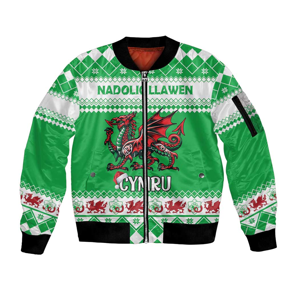 Personalized Wales Christmas Dragon Sleeve Zip Bomber Jacket Nadolig Llawen Green Version - Wonder Print Shop