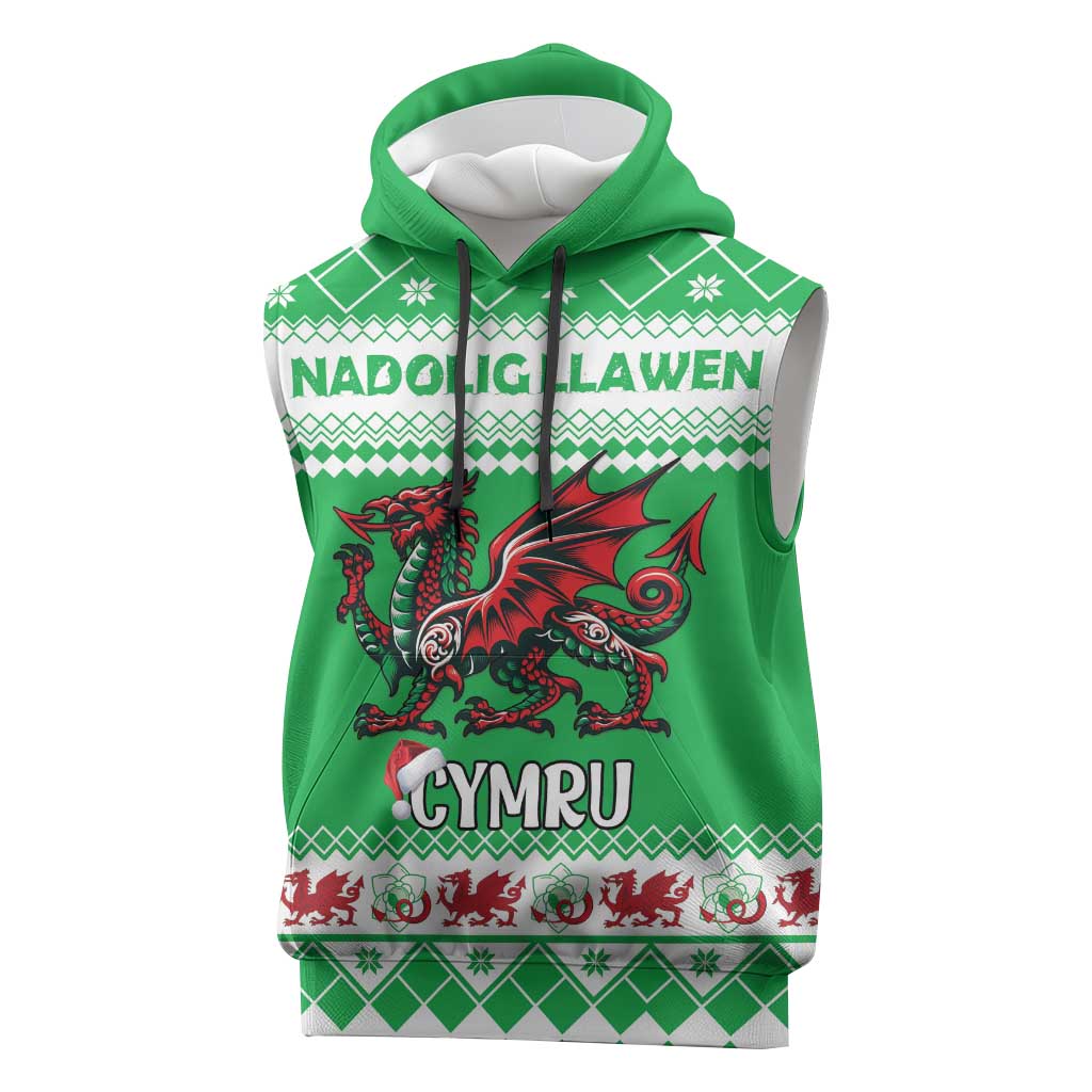 Personalized Wales Christmas Dragon Sleeveless Hoodie Nadolig Llawen Green Version - Wonder Print Shop