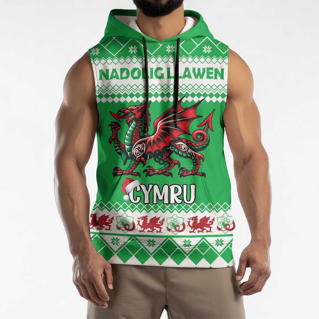 Personalized Wales Christmas Dragon Sleeveless Hoodie Nadolig Llawen Green Version - Wonder Print Shop