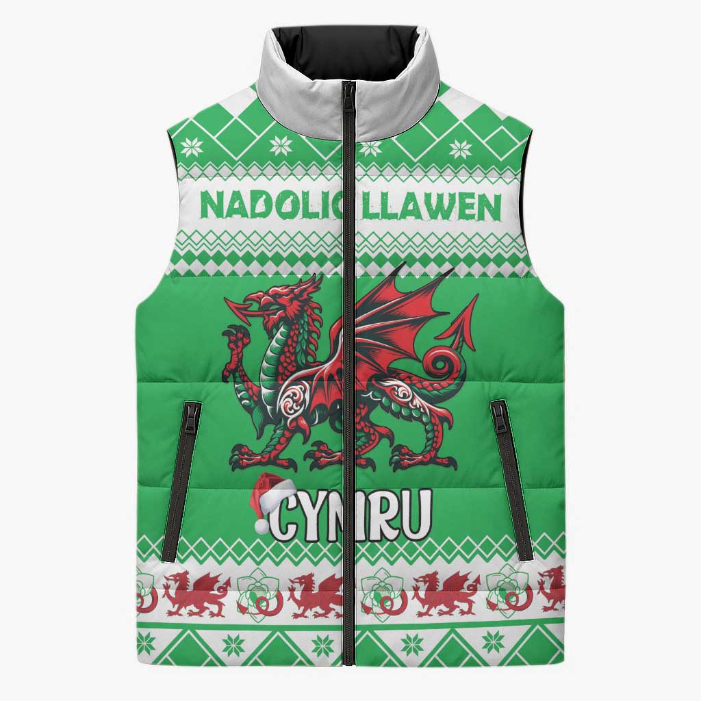 Personalized Wales Christmas Dragon Sleeveless Puffer Jacket Nadolig Llawen Green Version - Wonder Print Shop