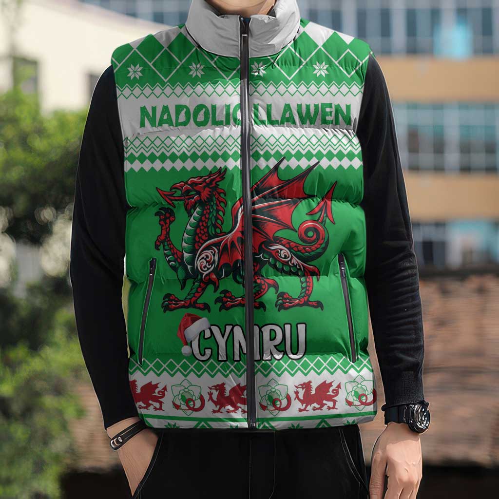 Personalized Wales Christmas Dragon Sleeveless Puffer Jacket Nadolig Llawen Green Version - Wonder Print Shop