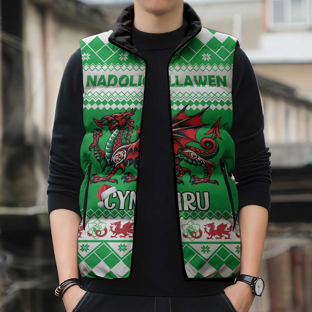 Personalized Wales Christmas Dragon Sleeveless Puffer Jacket Nadolig Llawen Green Version - Wonder Print Shop