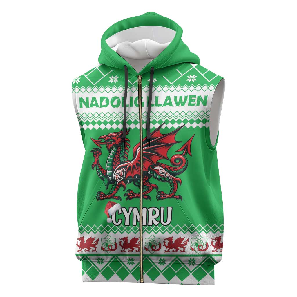 Personalized Wales Christmas Dragon Sleeveless Zip Hoodie Nadolig Llawen Green Version - Wonder Print Shop