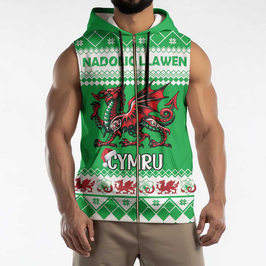 Personalized Wales Christmas Dragon Sleeveless Zip Hoodie Nadolig Llawen Green Version - Wonder Print Shop