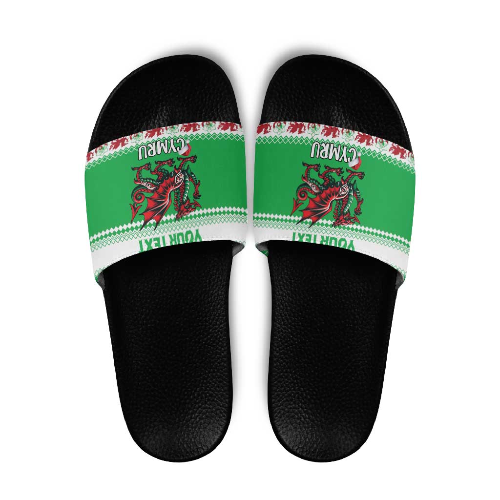 Personalized Wales Christmas Dragon Slide Sandals Nadolig Llawen Green Version - Wonder Print Shop