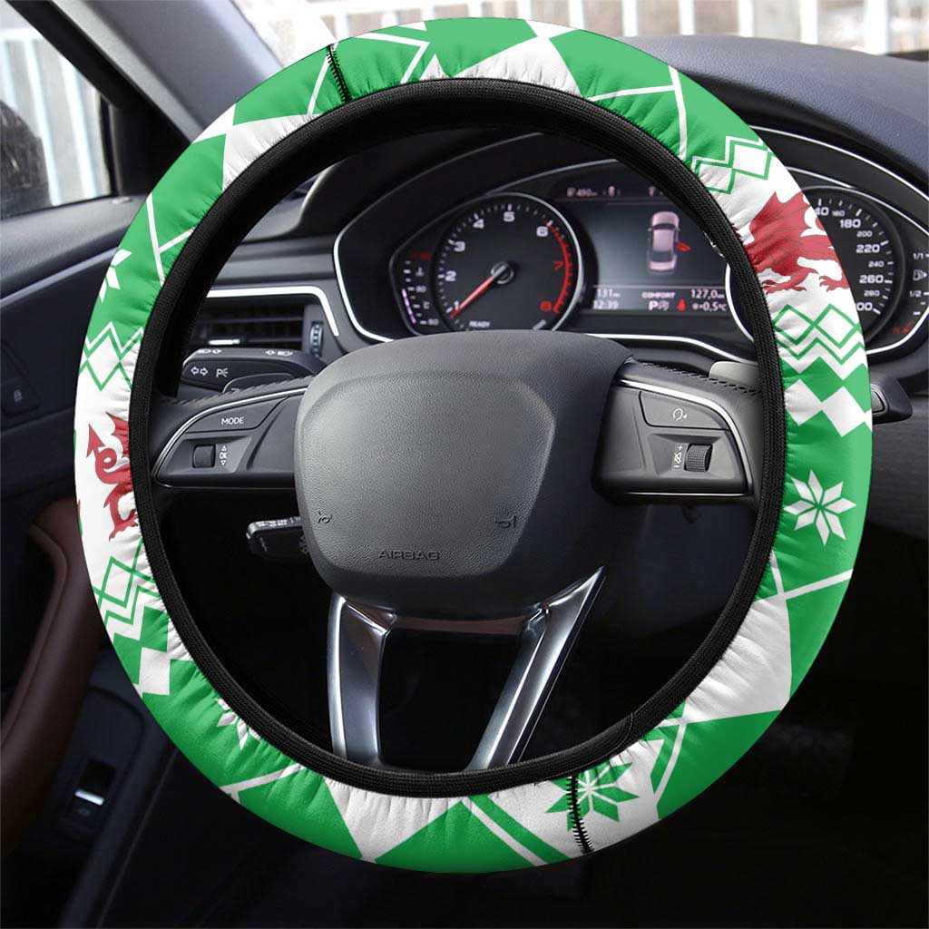 Wales Christmas Dragon Steering Wheel Cover Nadolig Llawen Green Version - Wonder Print Shop