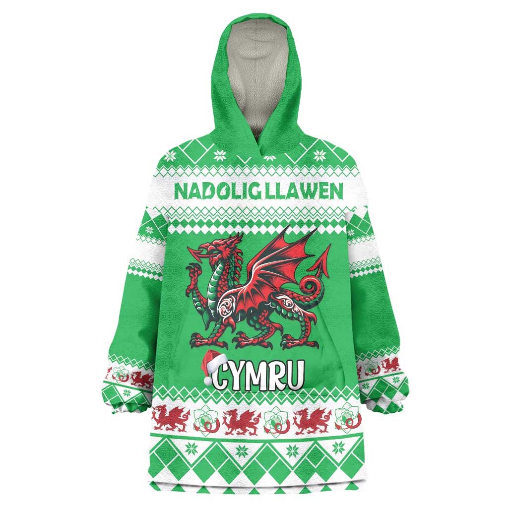 Personalized Wales Christmas Dragon Wearable Blanket Hoodie Nadolig Llawen Green Version - Wonder Print Shop