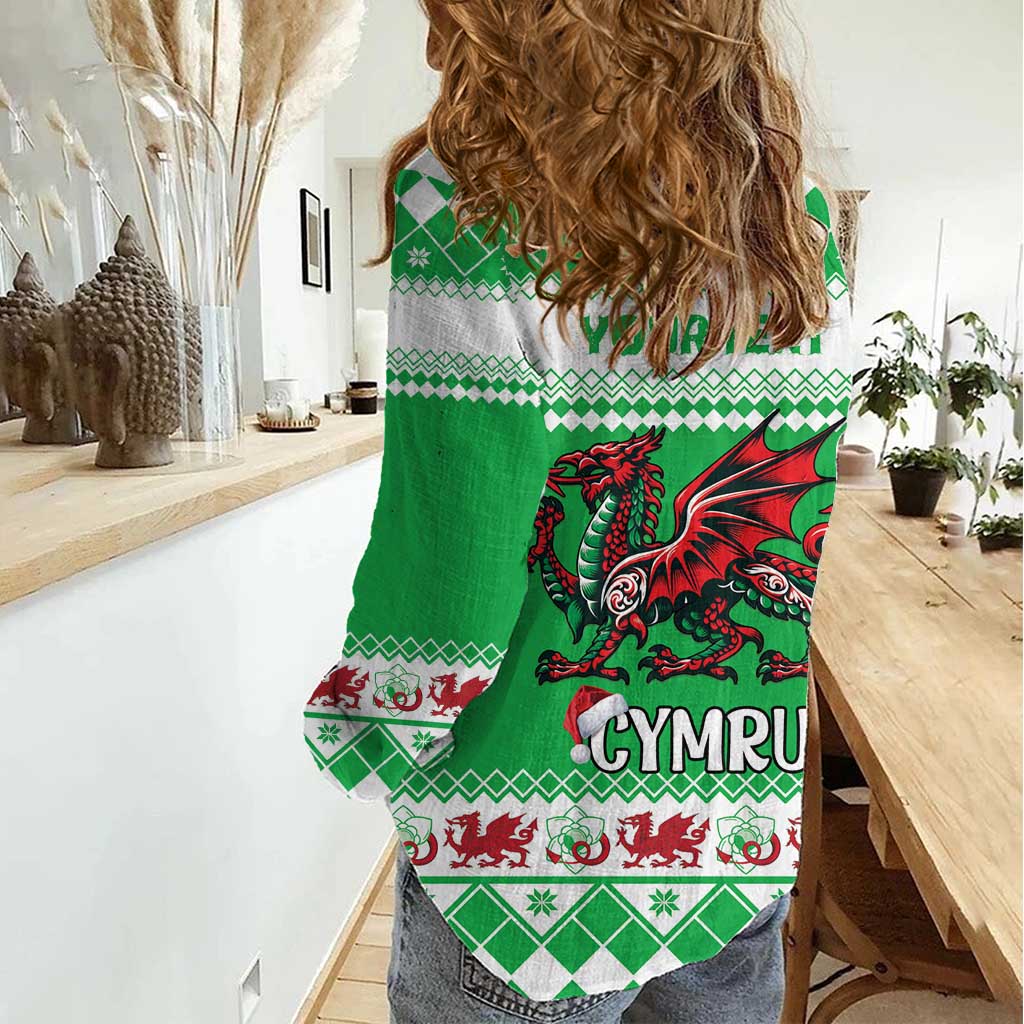 Personalized Wales Christmas Dragon Women Casual Shirt Nadolig Llawen Green Version - Wonder Print Shop