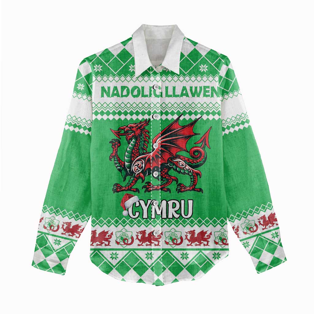 Personalized Wales Christmas Dragon Women Casual Shirt Nadolig Llawen Green Version - Wonder Print Shop