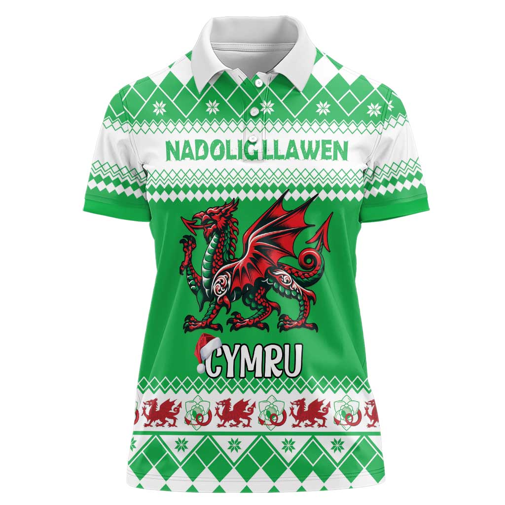 Personalized Wales Christmas Dragon Women Polo Shirt Nadolig Llawen Green Version - Wonder Print Shop