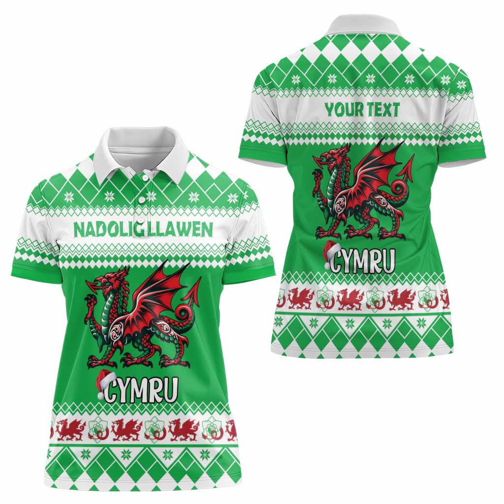 Personalized Wales Christmas Dragon Women Polo Shirt Nadolig Llawen Green Version - Wonder Print Shop