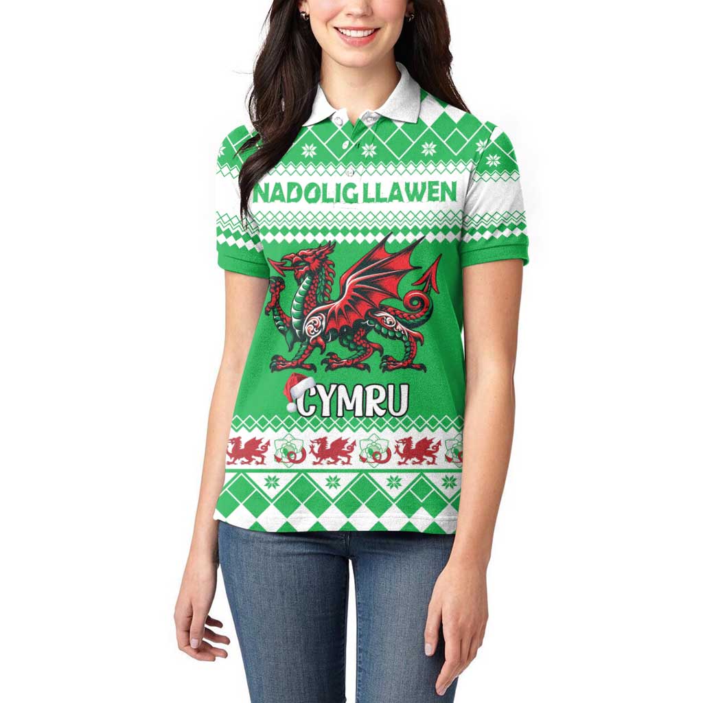 Personalized Wales Christmas Dragon Women Polo Shirt Nadolig Llawen Green Version - Wonder Print Shop