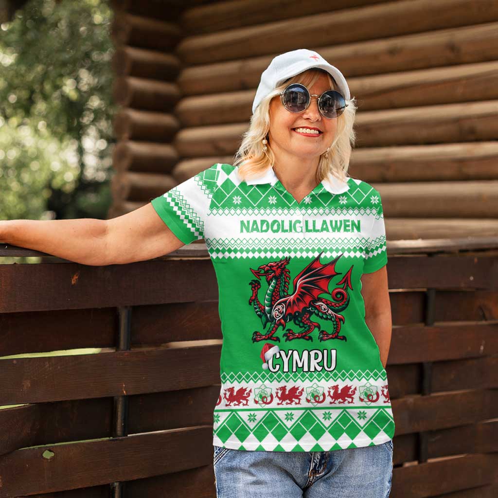 Personalized Wales Christmas Dragon Women Polo Shirt Nadolig Llawen Green Version - Wonder Print Shop