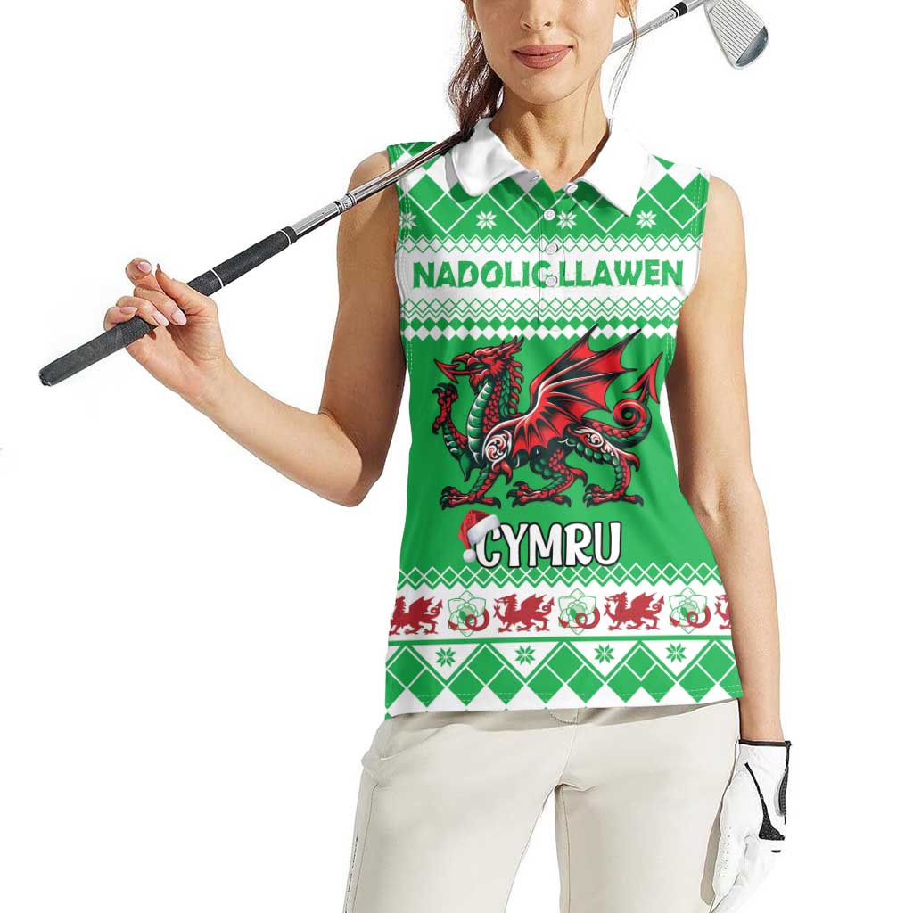 Personalized Wales Christmas Dragon Women Sleeveless Polo Shirt Nadolig Llawen Green Version - Wonder Print Shop