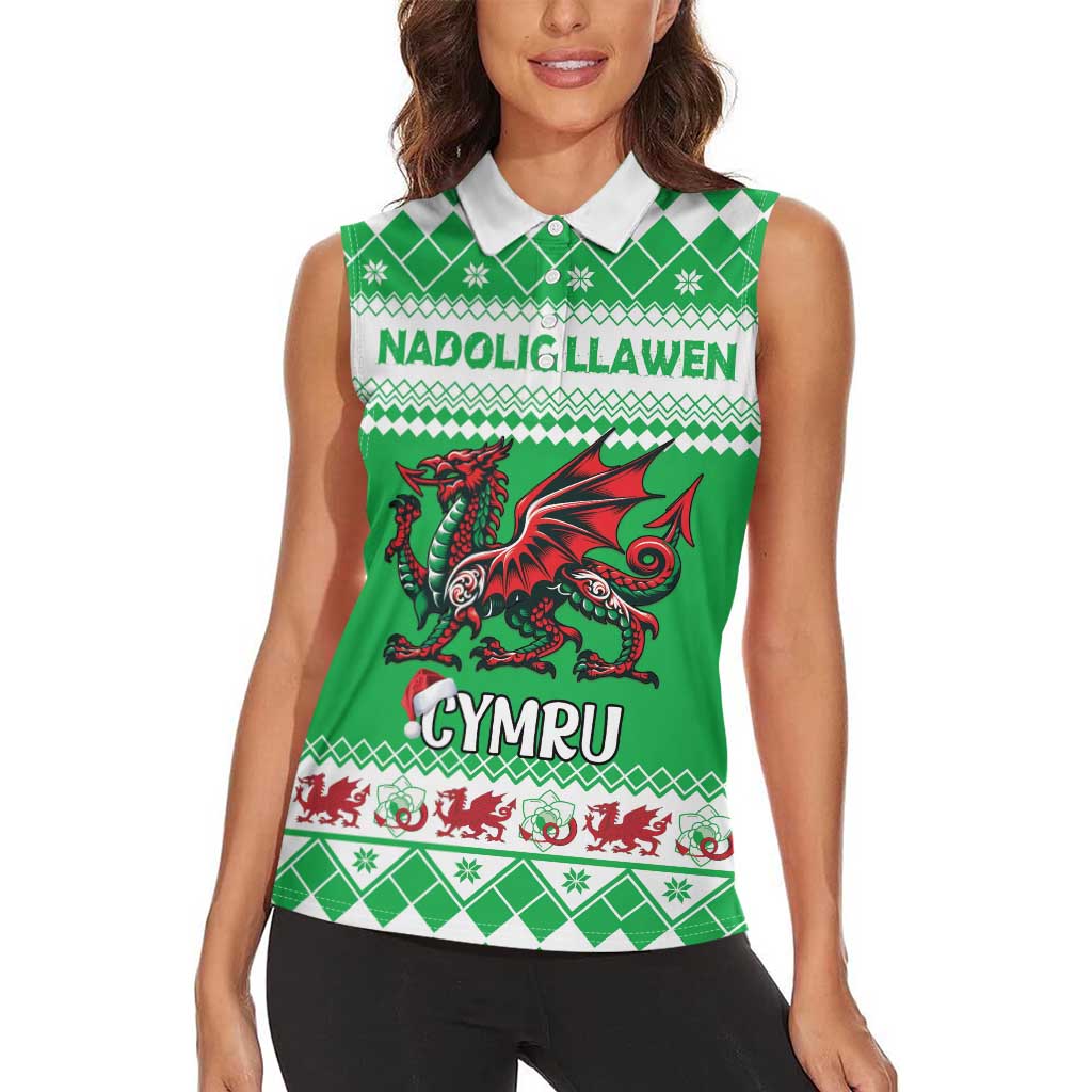 Personalized Wales Christmas Dragon Women Sleeveless Polo Shirt Nadolig Llawen Green Version - Wonder Print Shop