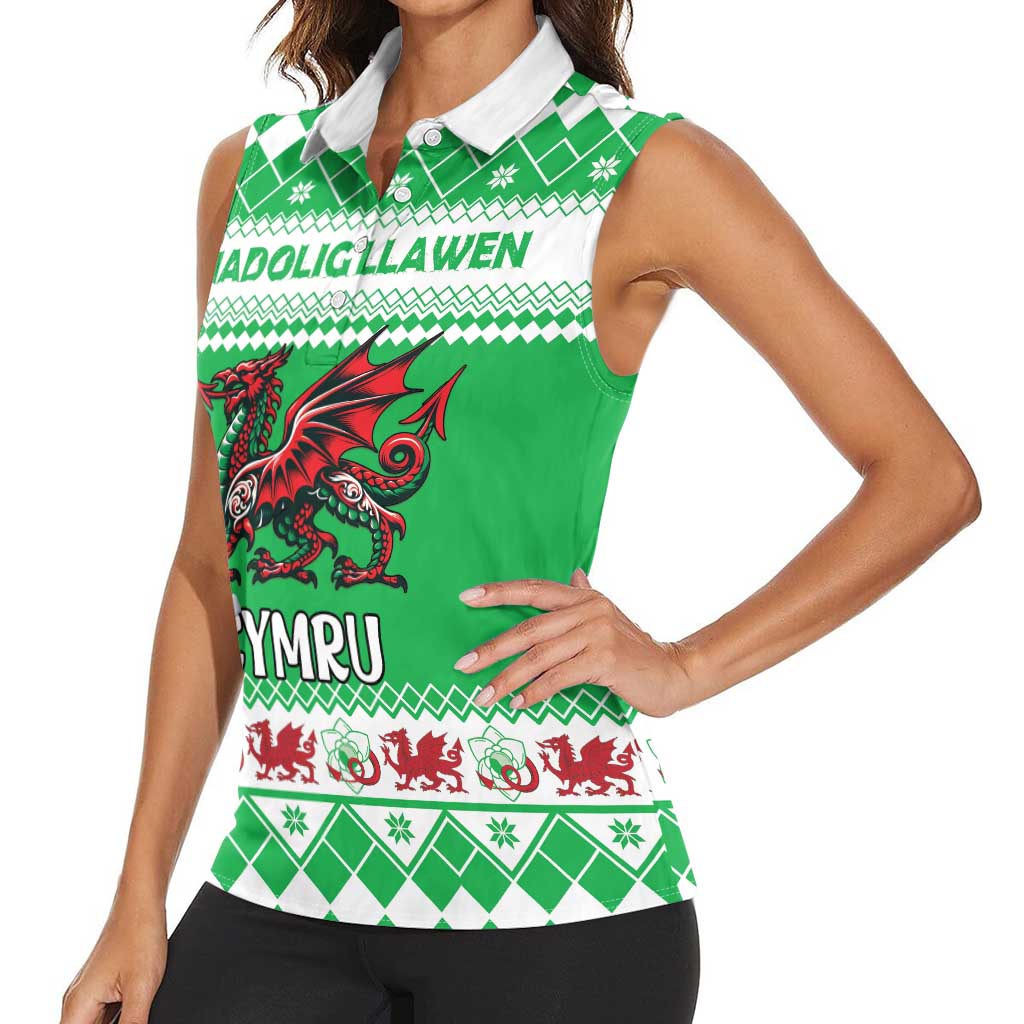 Personalized Wales Christmas Dragon Women Sleeveless Polo Shirt Nadolig Llawen Green Version - Wonder Print Shop