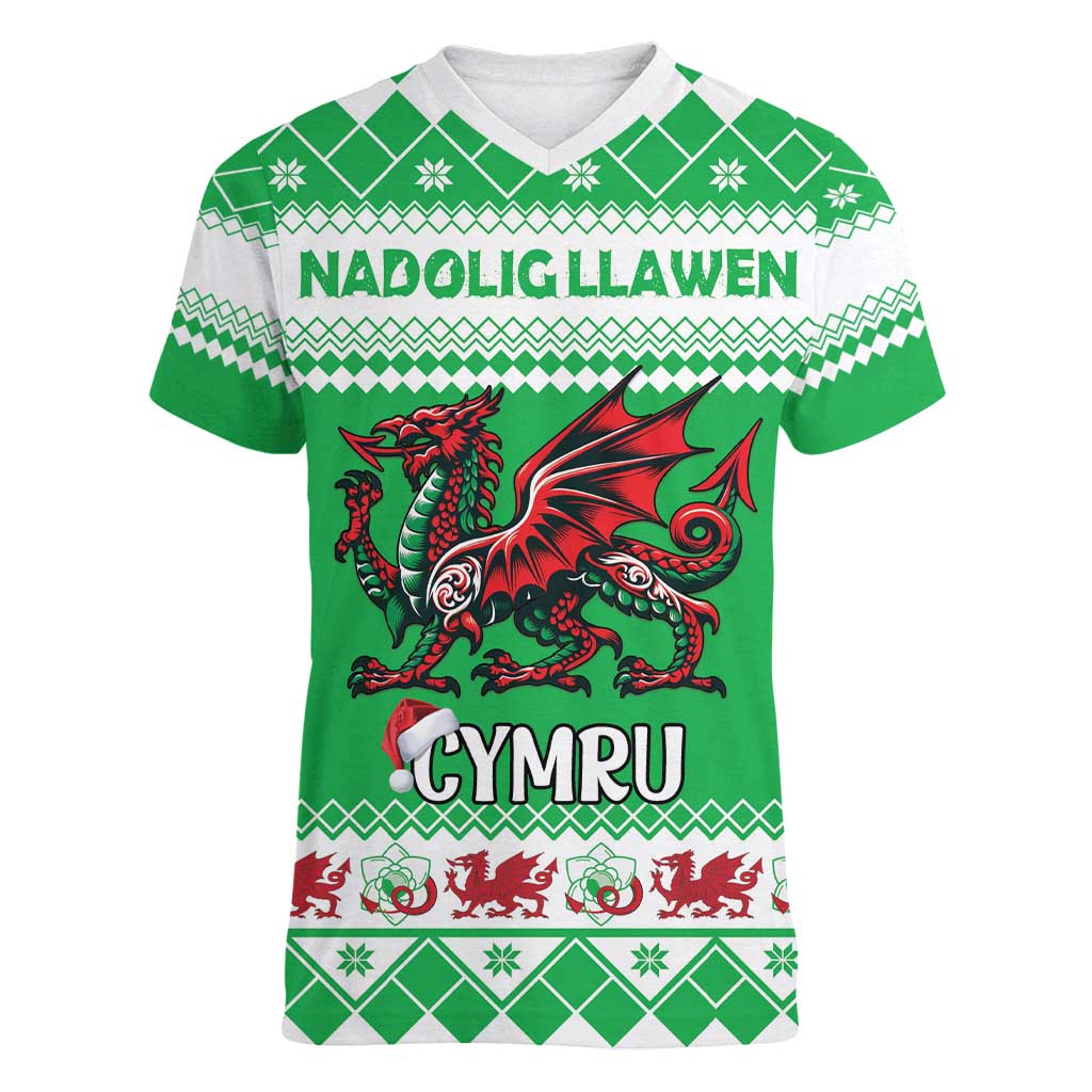 Personalized Wales Christmas Dragon Women V-Neck T-Shirt Nadolig Llawen Green Version - Wonder Print Shop
