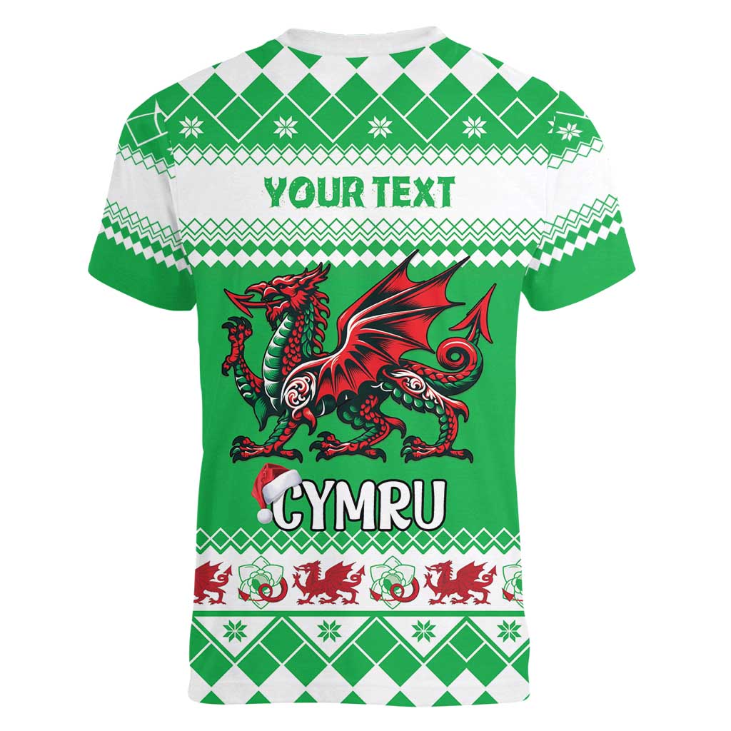 Personalized Wales Christmas Dragon Women V-Neck T-Shirt Nadolig Llawen Green Version - Wonder Print Shop